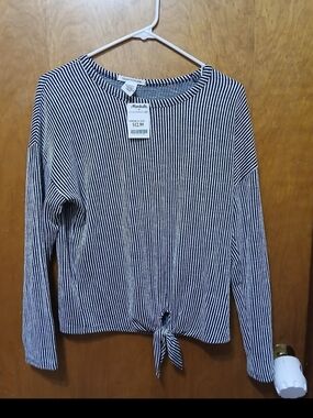 Caution To The Wind Black & White Striped Tie-Front Long Sleeve Top